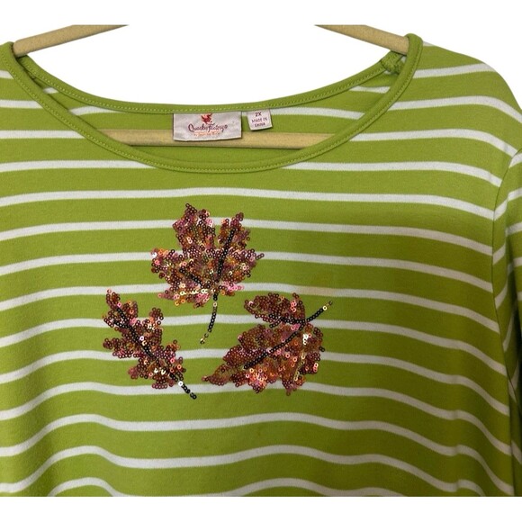 Quacker Factory  Womens 2X Leaves Fall Sequin Striped Green Tunic Top - Picture 4 of 8
